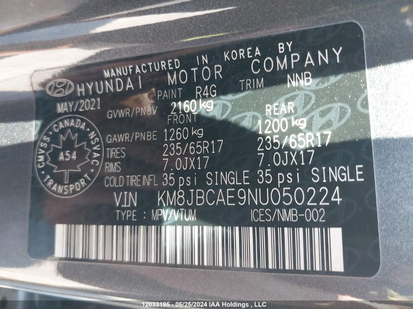 2022 Hyundai Tucson VIN: KM8JBCAE9NU050224 Lot: 12033195