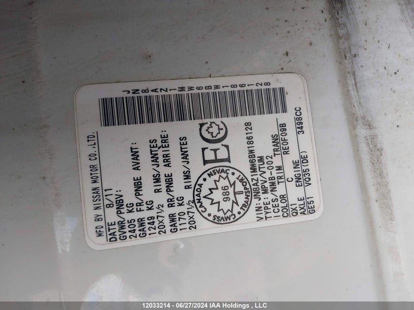 2011 Nissan Murano Le VIN: JN8AZ1MW6BW186128 Lot: 12033214