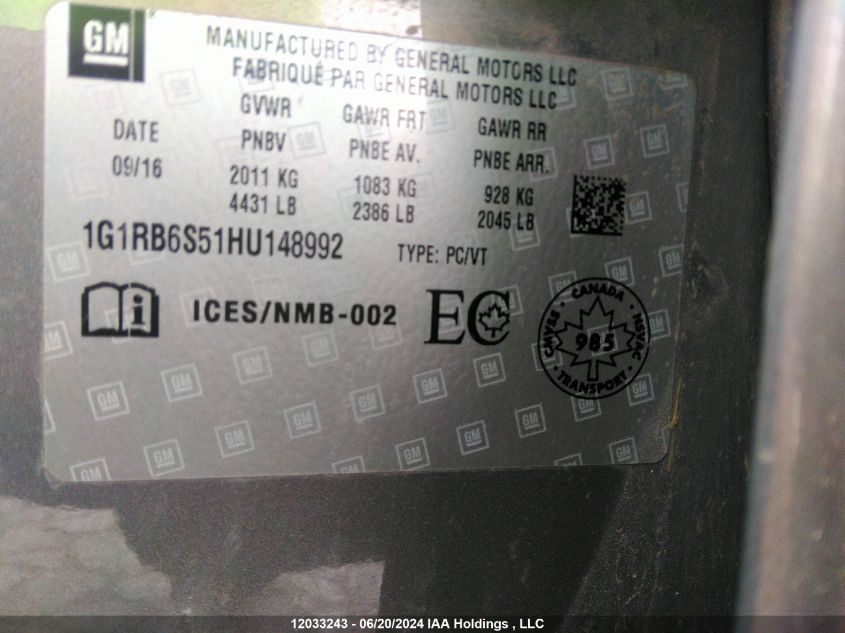 2017 Chevrolet Volt VIN: 1G1RB6S51HU148992 Lot: 12033243