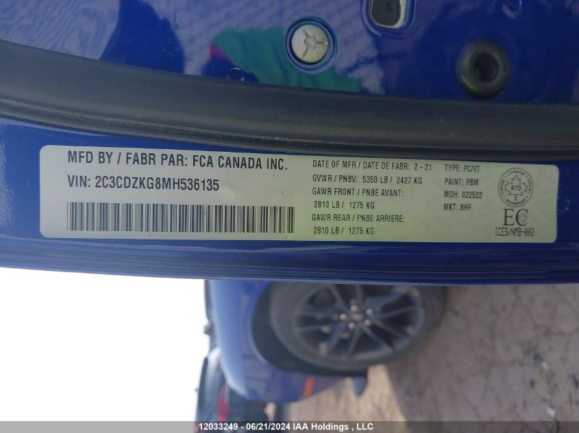 2021 Dodge Challenger Gt Awd VIN: 2C3CDZKG8MH536135 Lot: 12033249