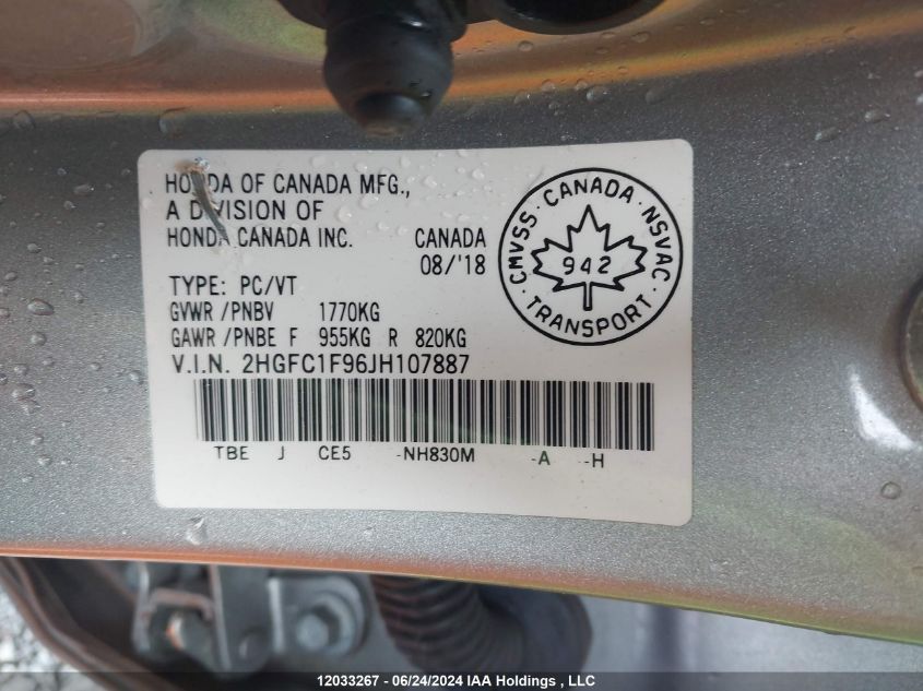 2018 Honda Civic Sedan VIN: 2HGFC1F96JH107887 Lot: 12033267