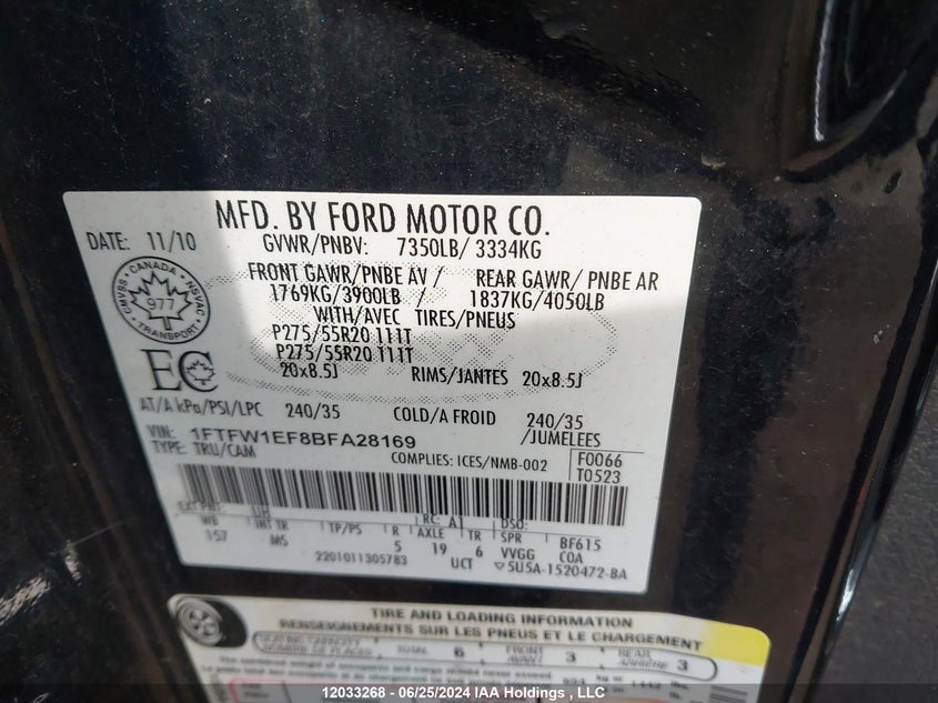 2011 Ford F150 Supercrew VIN: 1FTFW1EF8BFA28169 Lot: 12033268