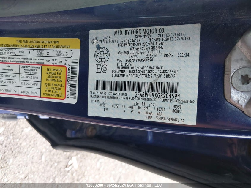 2016 Ford Fusion Se VIN: 3FA6P0T9XGR204594 Lot: 12033280