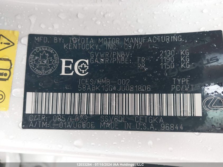 2018 Lexus Es 350 350 VIN: 58ABK1GG4JU081806 Lot: 12033284