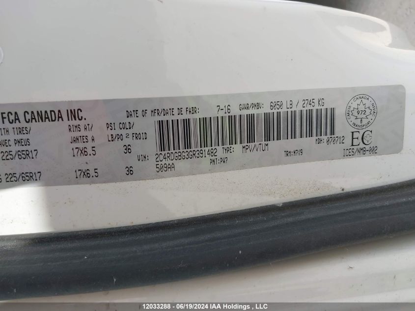 2016 Dodge Grand Caravan Se/Sxt VIN: 2C4RDGBG3GR391482 Lot: 12033288