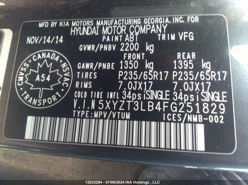 2015 Hyundai Santa Fe Sport 2.4L VIN: 5XYZT3LB4FG251829 Lot: 12033294