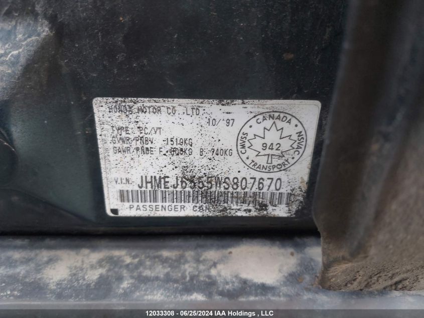 1998 Honda Civic VIN: JHMEJ6555WS807670 Lot: 12033308