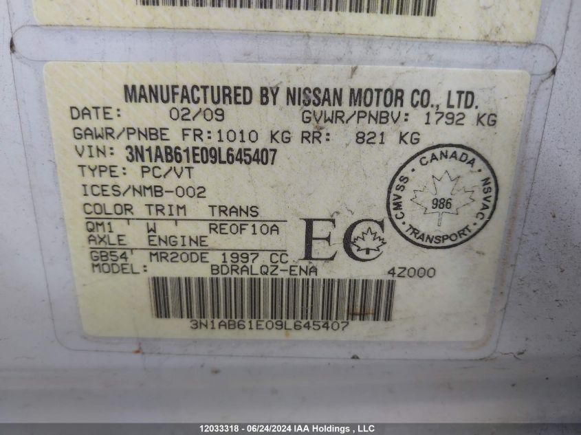 2009 Nissan Sentra 2.0/2.0S/2.0Sl VIN: 3N1AB61E09L645407 Lot: 12033318