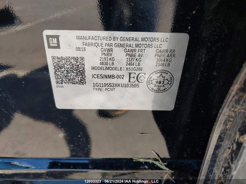 2019 Chevrolet Impala VIN: 1G1105S3XKU103505 Lot: 12033323