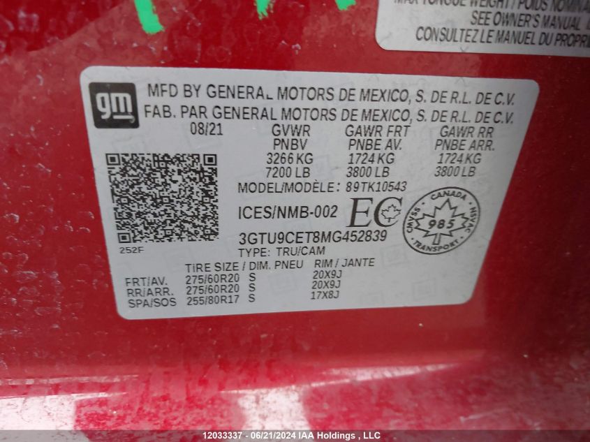 2021 GMC Sierra K1500 Elevation VIN: 3GTU9CET8MG452839 Lot: 12033337