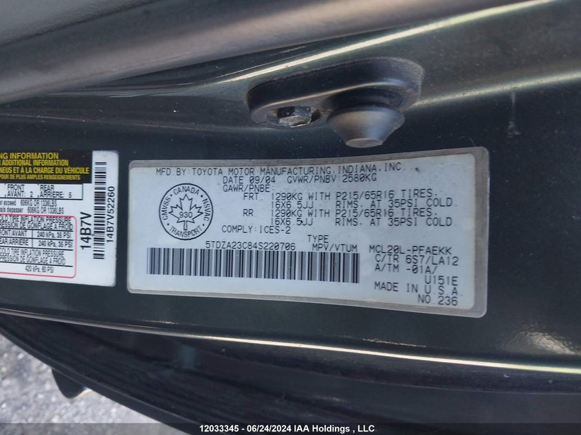 2004 Toyota Sienna Ce/Le VIN: 5TDZA23C84S220706 Lot: 12033345