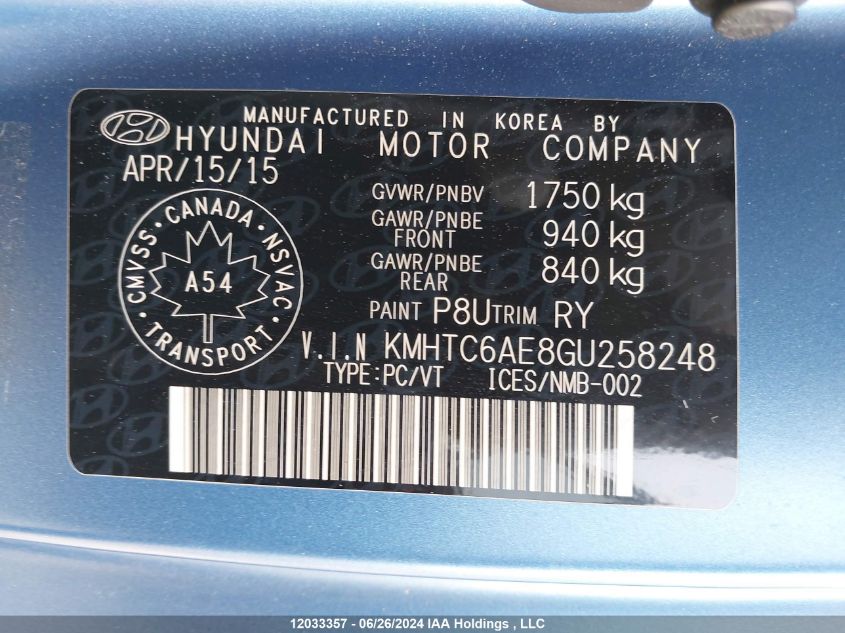 2016 Hyundai Veloster Turbo VIN: KMHTC6AE8GU258248 Lot: 12033357