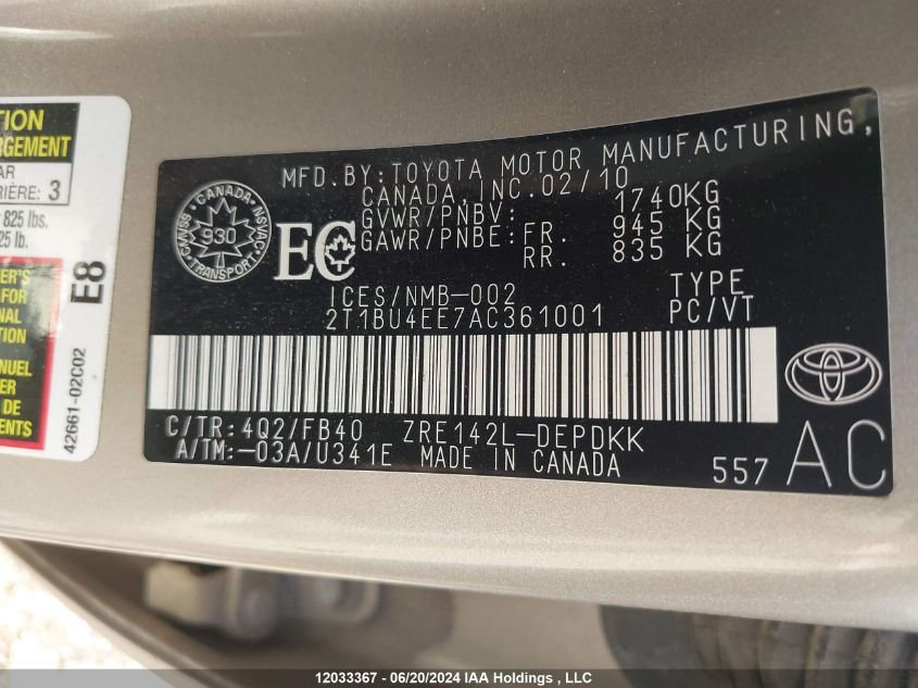 2010 Toyota Corolla S/Le/Xle VIN: 2T1BU4EE7AC361001 Lot: 12033367