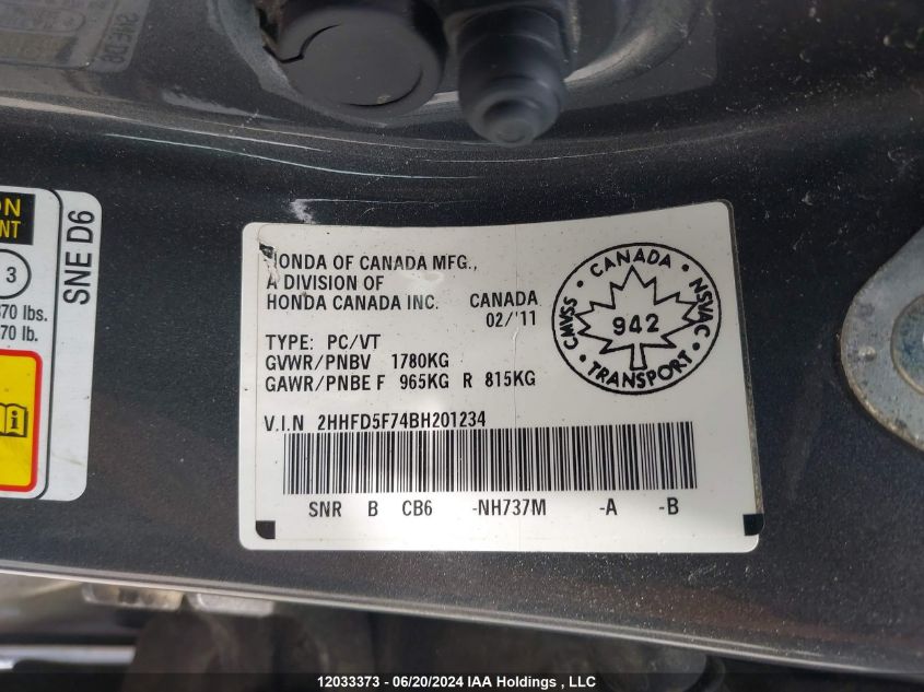 2011 Acura Csx VIN: 2HHFD5F74BH201234 Lot: 12033373