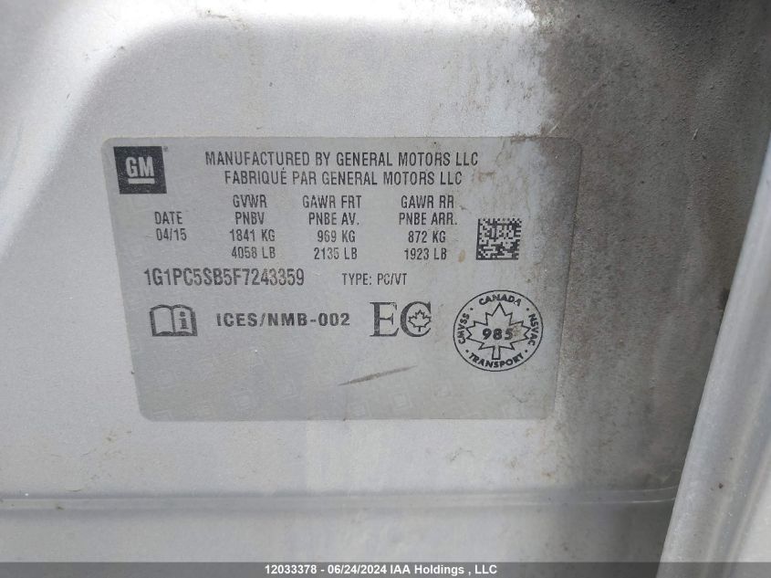 2015 Chevrolet Cruze VIN: 1G1PC5SB5F7243359 Lot: 12033378