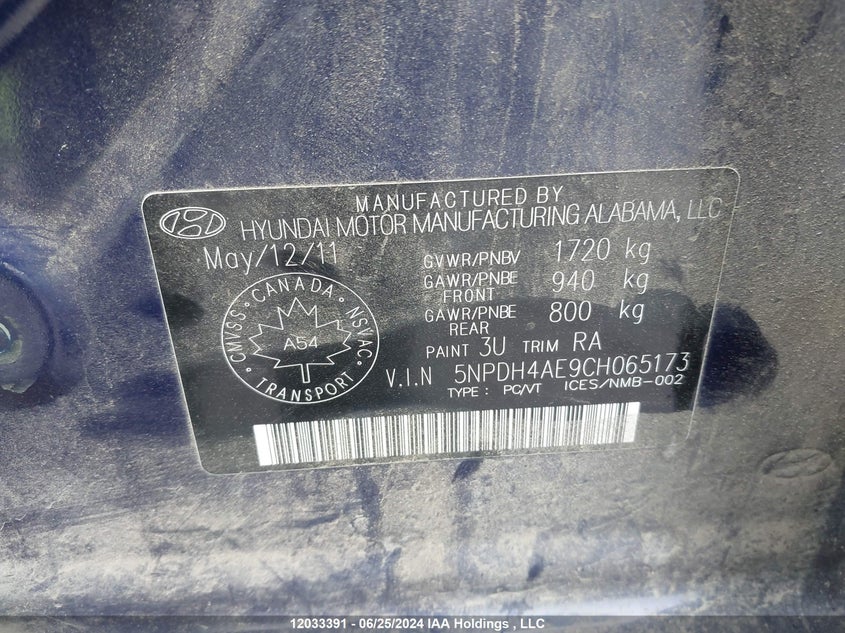 2012 Hyundai Elantra Gls/Limited VIN: 5NPDH4AE9CH065173 Lot: 12033391