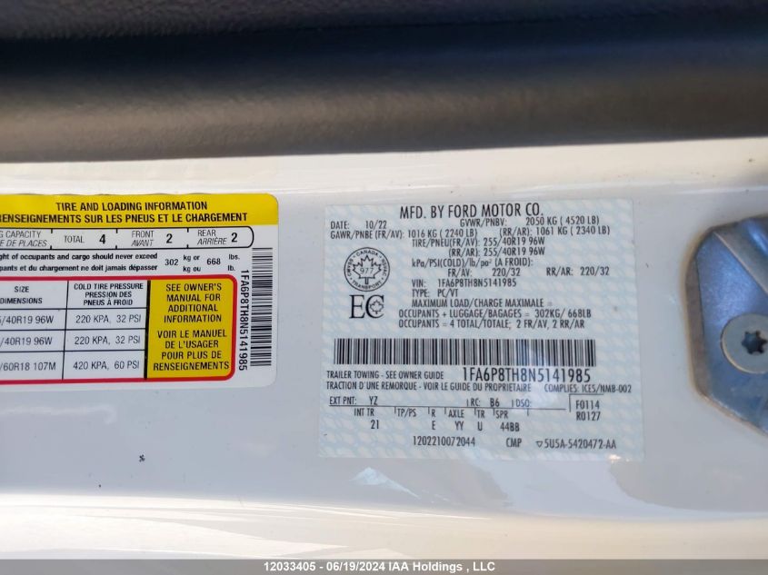 2022 Ford Mustang VIN: 1FA6P8TH8N5141985 Lot: 12033405