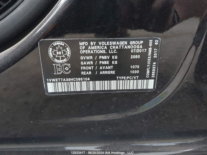 2017 Volkswagen Passat VIN: 1VWET7A39HC085104 Lot: 12033417