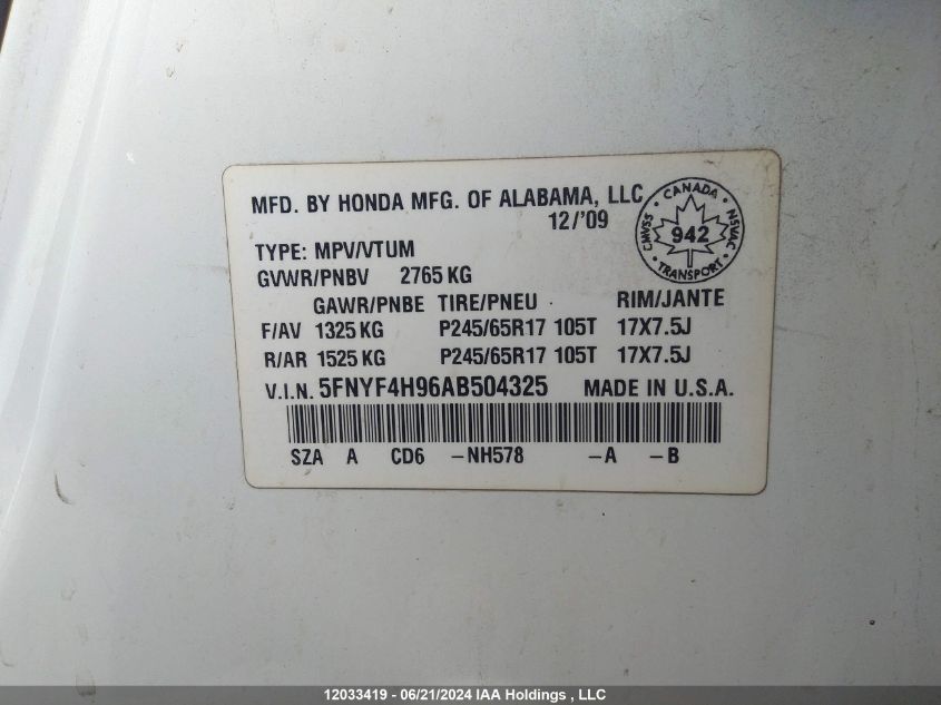2010 Honda Pilot VIN: 5FNYF4H96AB504325 Lot: 12033419