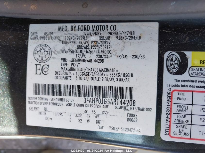 2010 Ford Fusion VIN: 3FAHP0JG5AR144208 Lot: 12033430