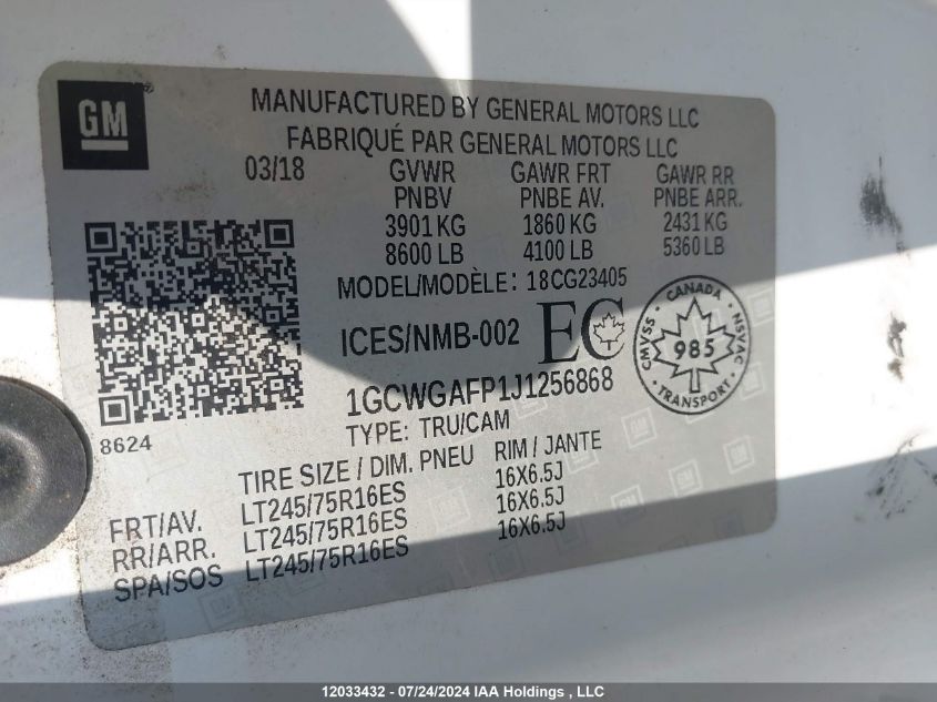 2018 Chevrolet Express G2500 VIN: 1GCWGAFP1J1256868 Lot: 12033432