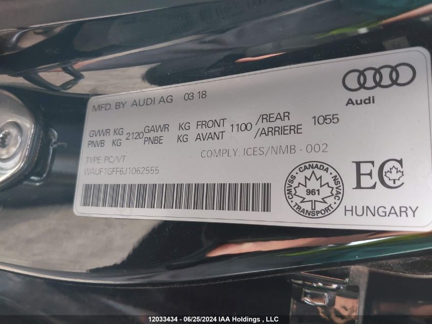 2018 Audi S3 VIN: WAUF1GFF6J1062555 Lot: 12033434