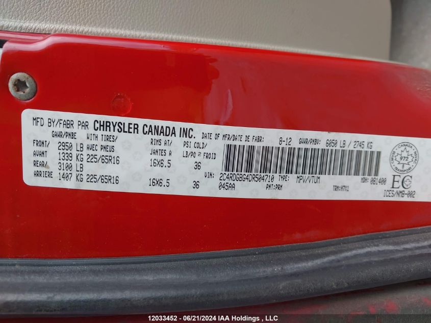 2013 Dodge Grand Caravan Se/Sxt VIN: 2C4RDGBG4DR504710 Lot: 12033452