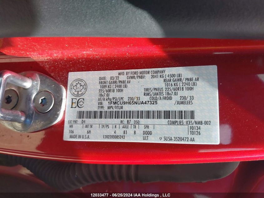 2022 Ford Escape Sel VIN: 1FMCU9H65NUA47325 Lot: 12033477