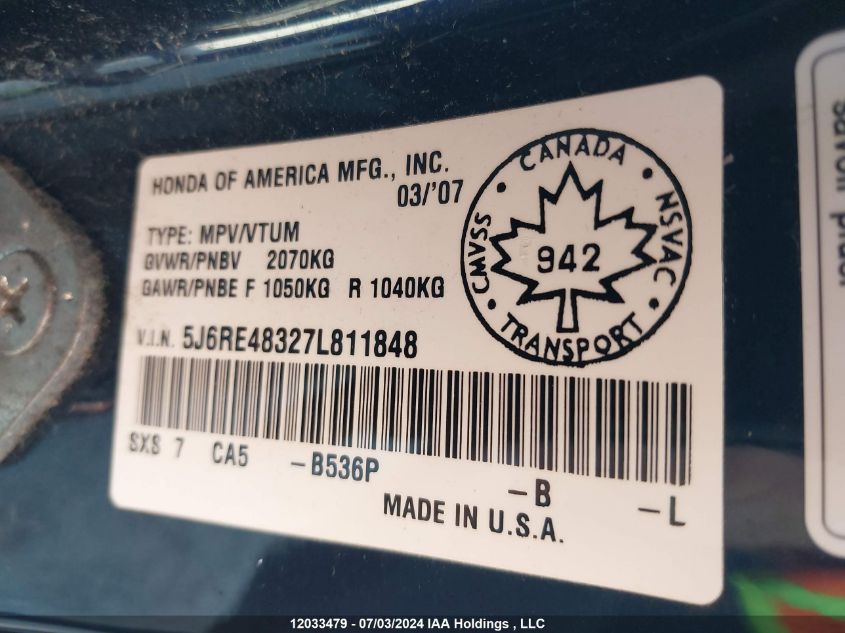 2007 Honda Cr-V VIN: 5J6RE48327L811848 Lot: 12033479