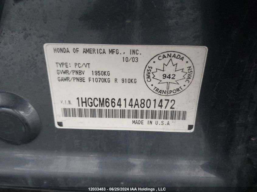 1HGCM66414A801472 2004 Honda Accord Sdn