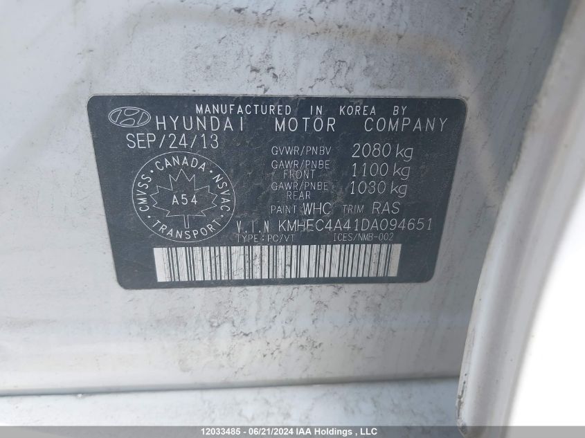 2013 Hyundai Sonata Hybrid Limited VIN: KMHEC4A41DA094651 Lot: 12033485