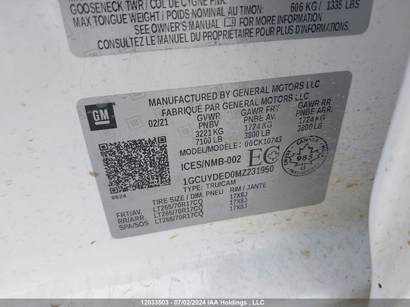 2021 Chevrolet Silverado 1500 VIN: 1GCUYDED0MZ231950 Lot: 12033503