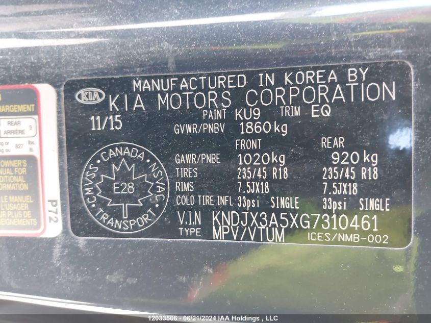 2016 Kia Soul ! VIN: KNDJX3A5XG7310461 Lot: 12033506