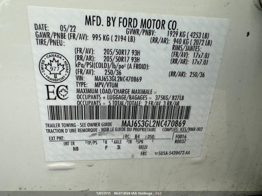 2022 Ford Ecosport VIN: MAJ6S3GL2NC470869 Lot: 12033515