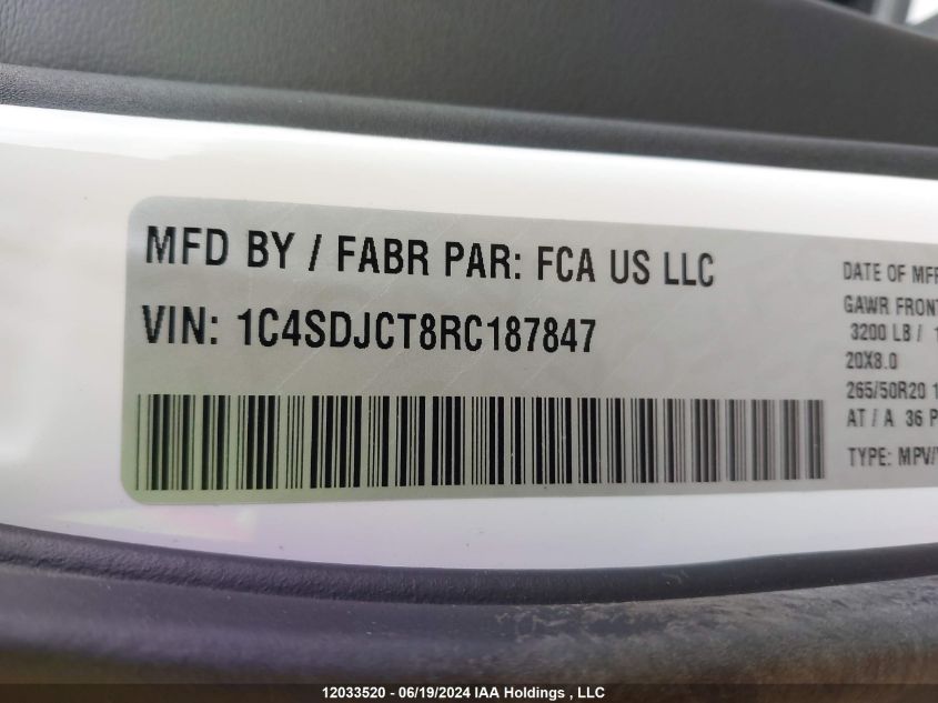 2024 Dodge Durango R/T VIN: 1C4SDJCT8RC187847 Lot: 12033520