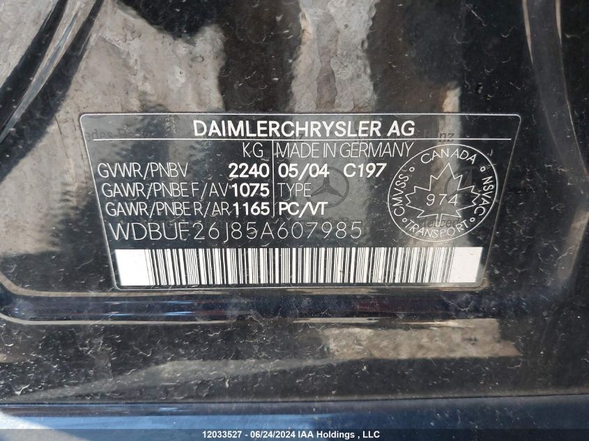 2005 Mercedes-Benz E 320 Cdi VIN: WDBUF26J85A607985 Lot: 12033527