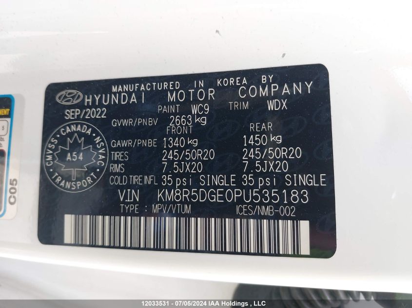 2023 Hyundai Palisade Limited VIN: KM8R5DGE0PU535183 Lot: 12033531