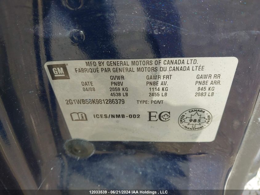 2008 Chevrolet Impala Ls VIN: 2G1WB58K981286379 Lot: 12033539