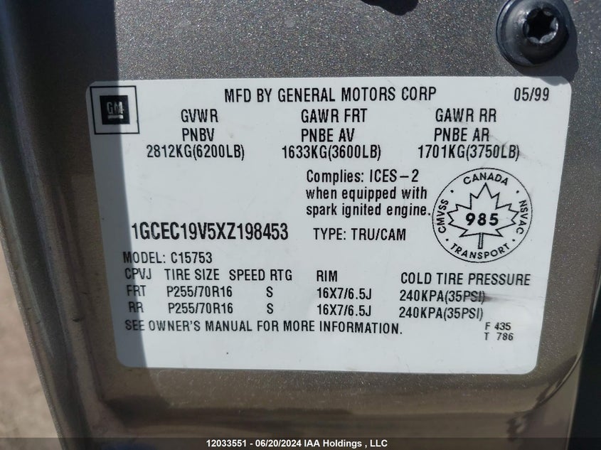 1999 Chevrolet Silverado 1500 VIN: 1GCEC19V5XZ198453 Lot: 12033551