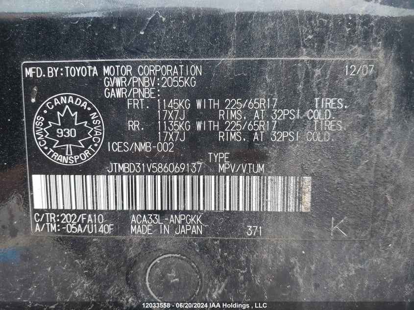 2008 Toyota Rav4 Limited VIN: JTMBD31V586069137 Lot: 12033558