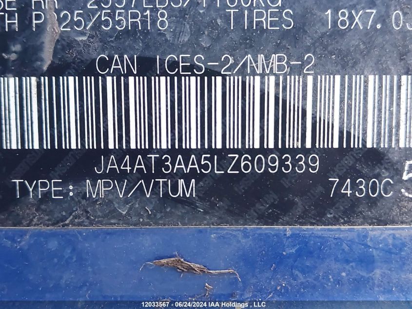 2020 Mitsubishi Eclipse Cross VIN: JA4AT3AA5LZ609339 Lot: 12033567