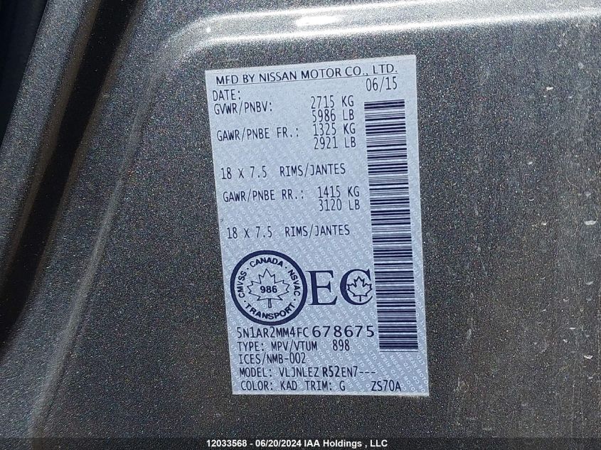 2015 Nissan Pathfinder VIN: 5N1AR2MM4FC678675 Lot: 12033568