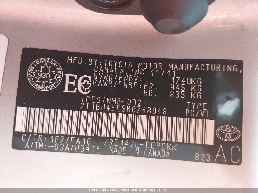 2011 Toyota Corolla S/Le VIN: 2T1BU4EE8BC748948 Lot: 12033589