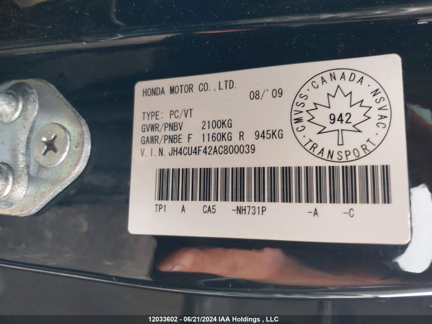 2010 Acura Tsx VIN: JH4CU4F42AC800039 Lot: 12033602