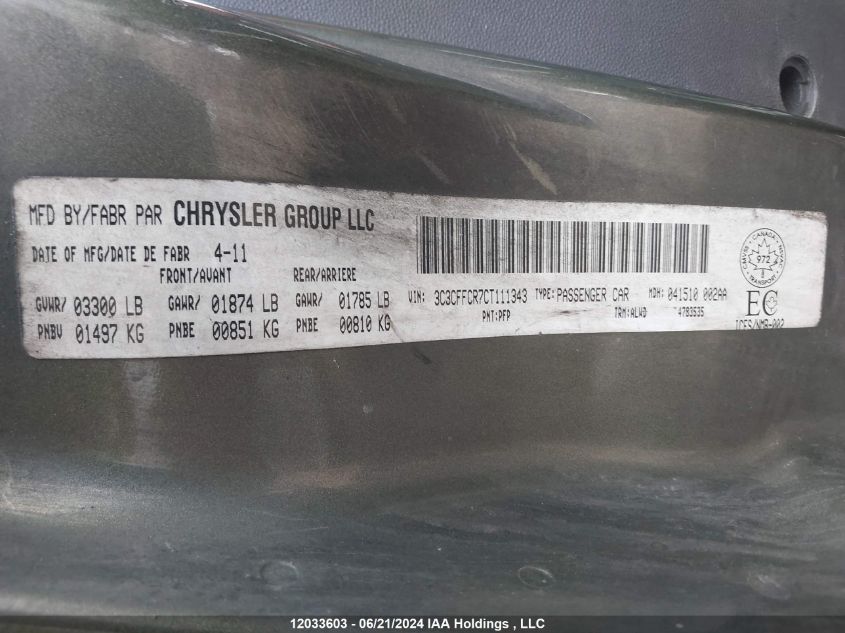 2012 Fiat 500 VIN: 3C3CFFCR7CT111343 Lot: 12033603