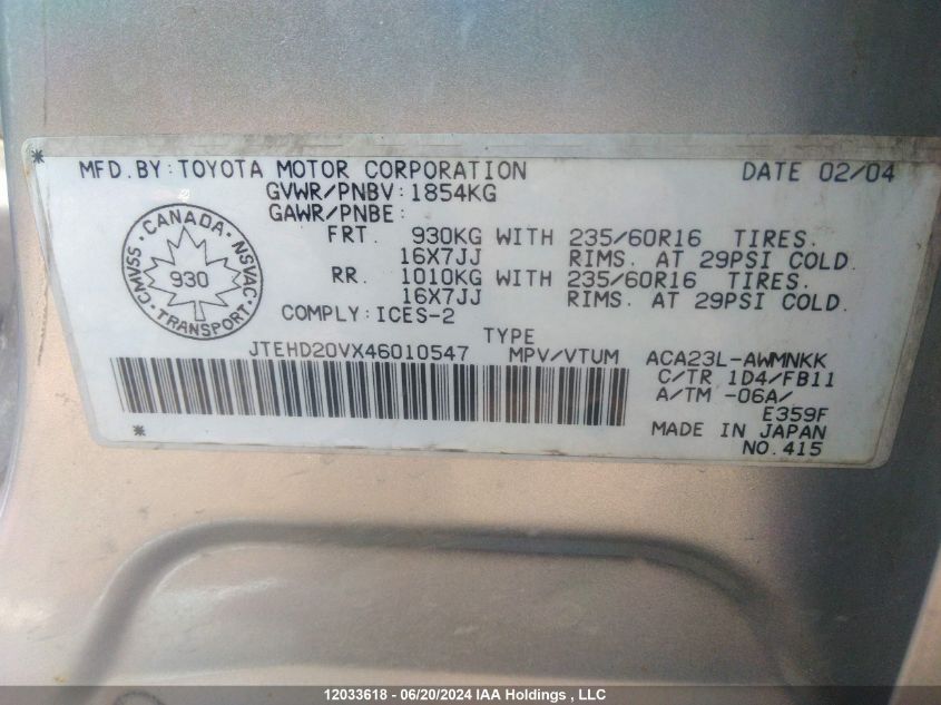 2004 Toyota Rav4 VIN: JTEHD20VX46010547 Lot: 12033618