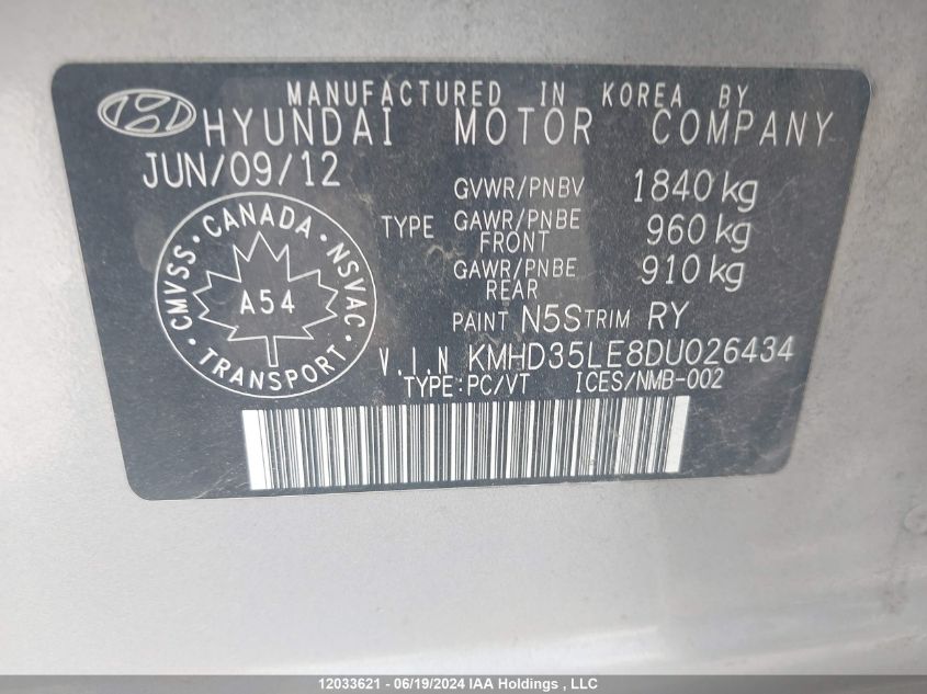 2013 Hyundai Elantra Gt VIN: KMHD35LE8DU026434 Lot: 12033621