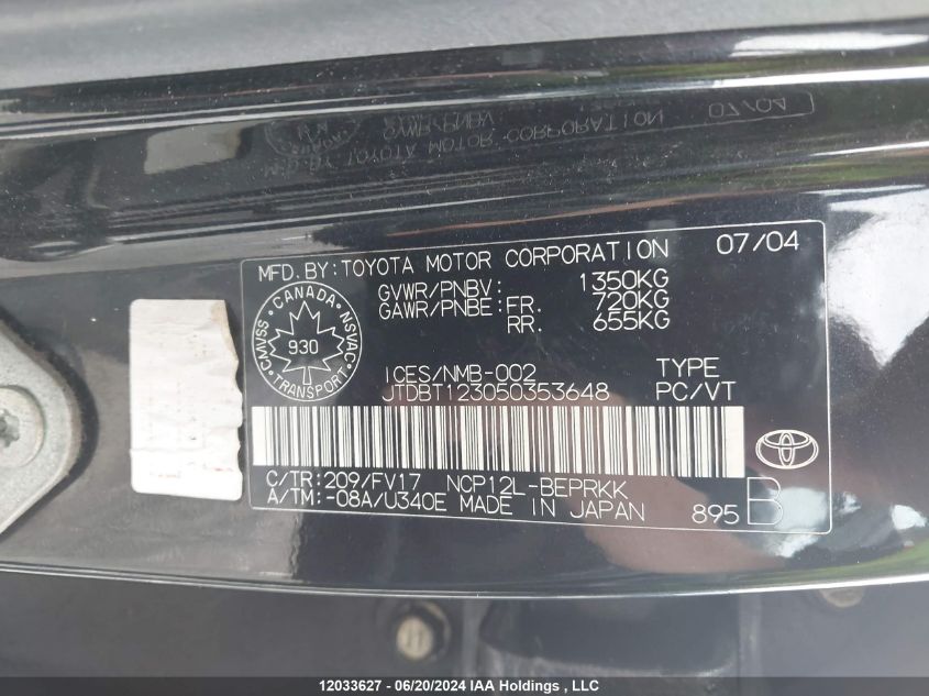 2005 Toyota Echo VIN: JTDBT123050353648 Lot: 12033627