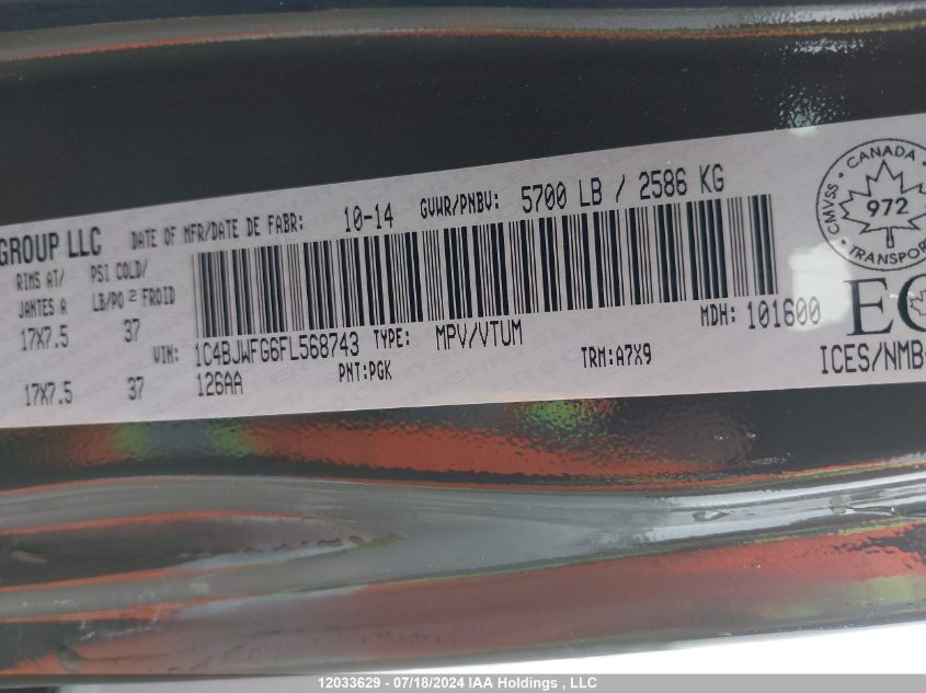 2015 Jeep Wrangler Unlimited VIN: 1C4BJWFG6FL568743 Lot: 12033629