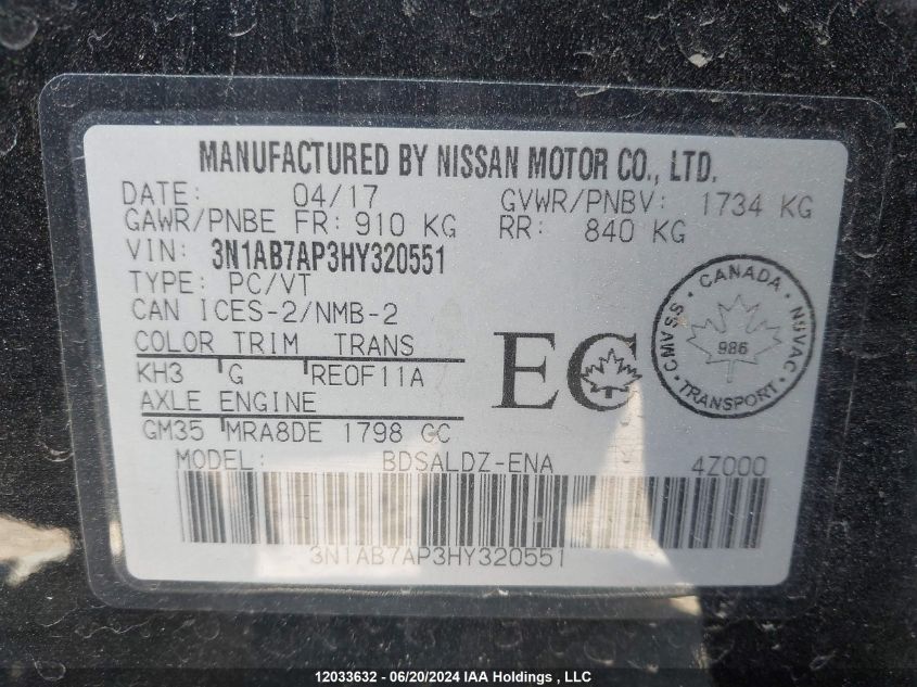 2017 Nissan Sentra VIN: 3N1AB7AP3HY320551 Lot: 12033632